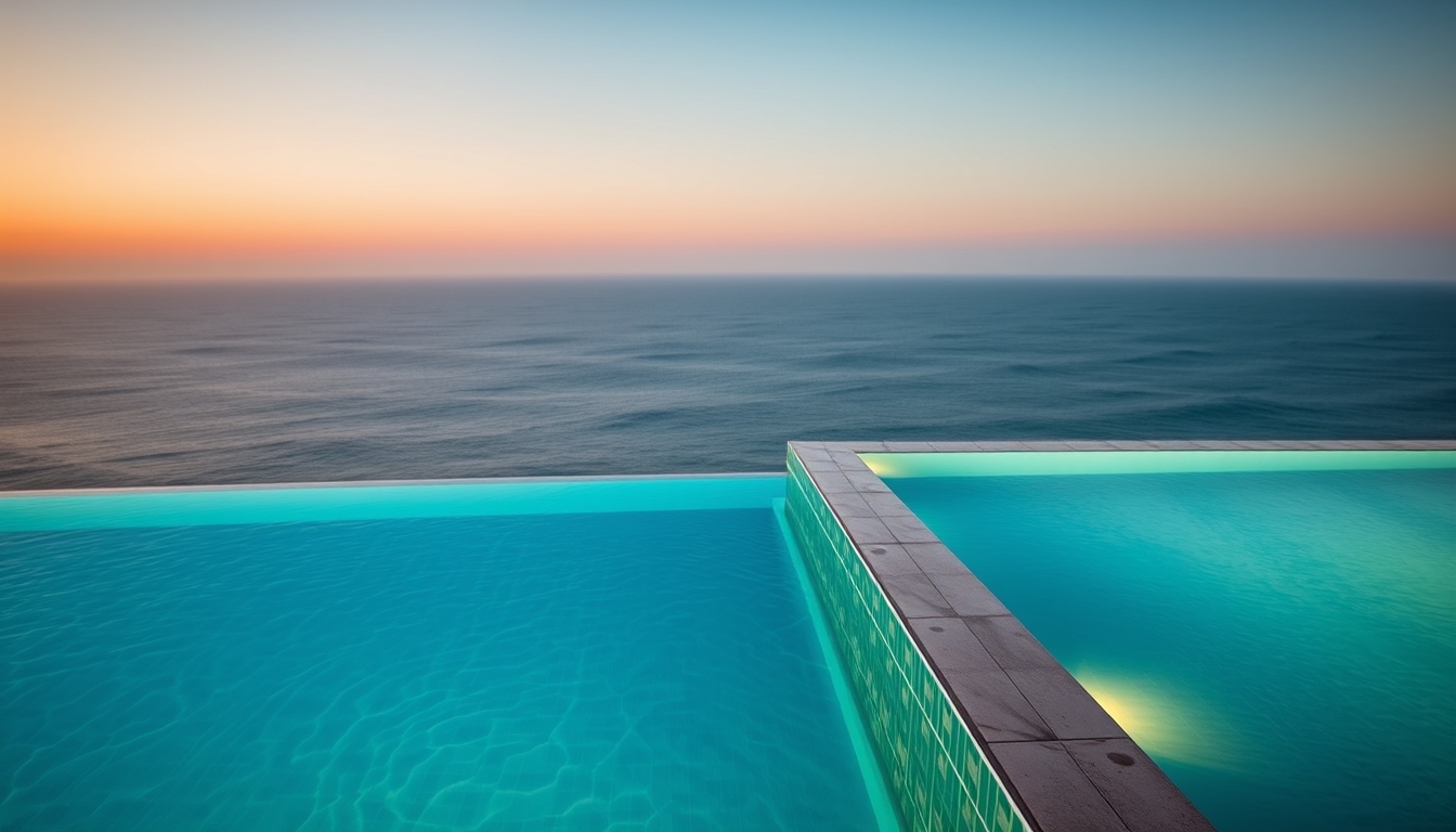 Piscina de hotel de luxo borda infinita com vista do oceano em estilo editorial