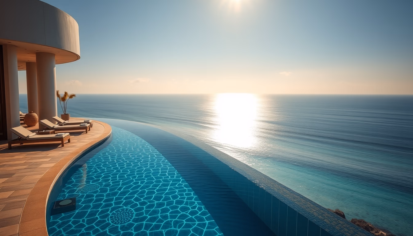 luxury hotel pool infinity edge with ocean view in editorial style