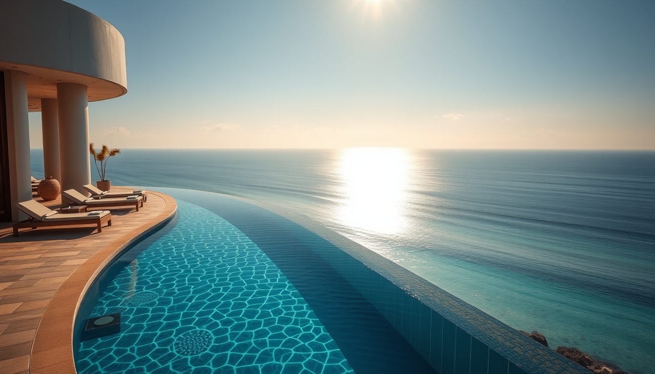 Piscina de hotel de luxo borda infinita com vista do oceano em estilo editorial