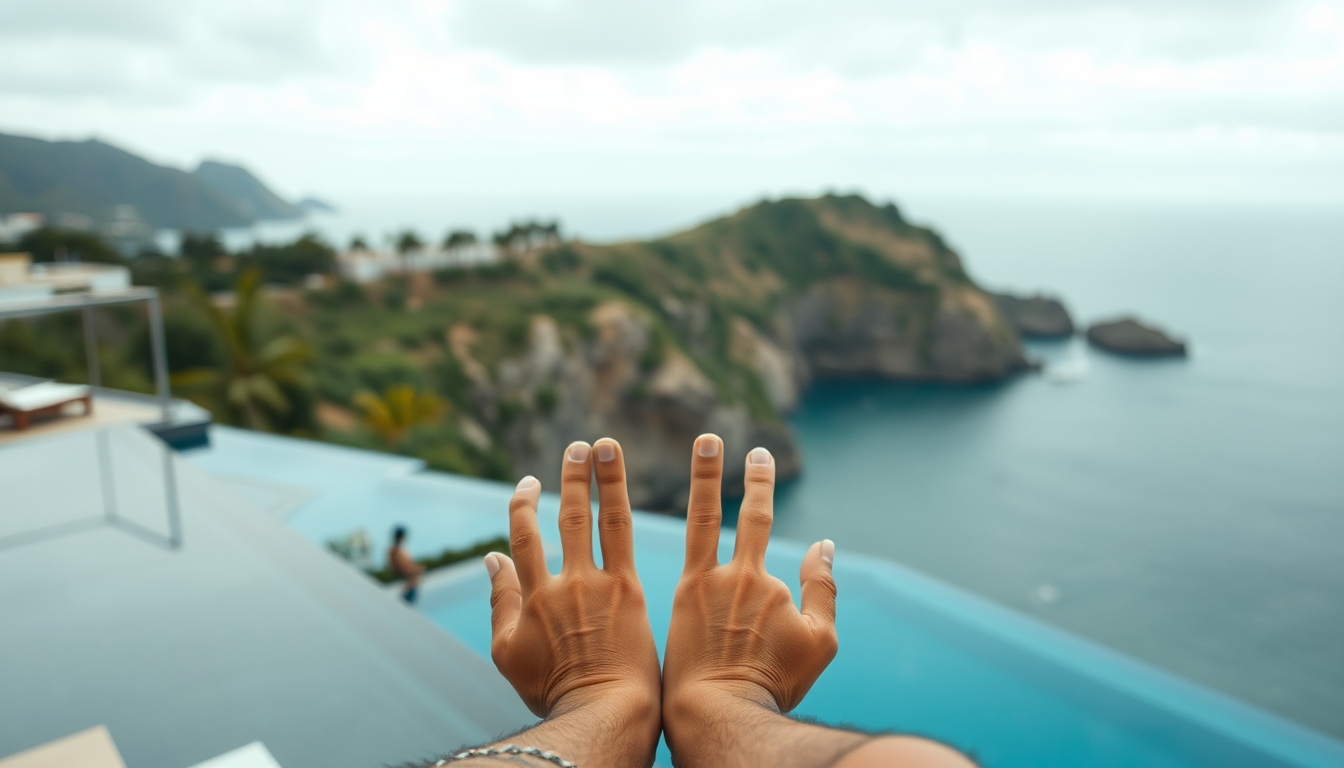 Piscina de hotel de luxo borda infinita com vista do oceano em estilo editorial