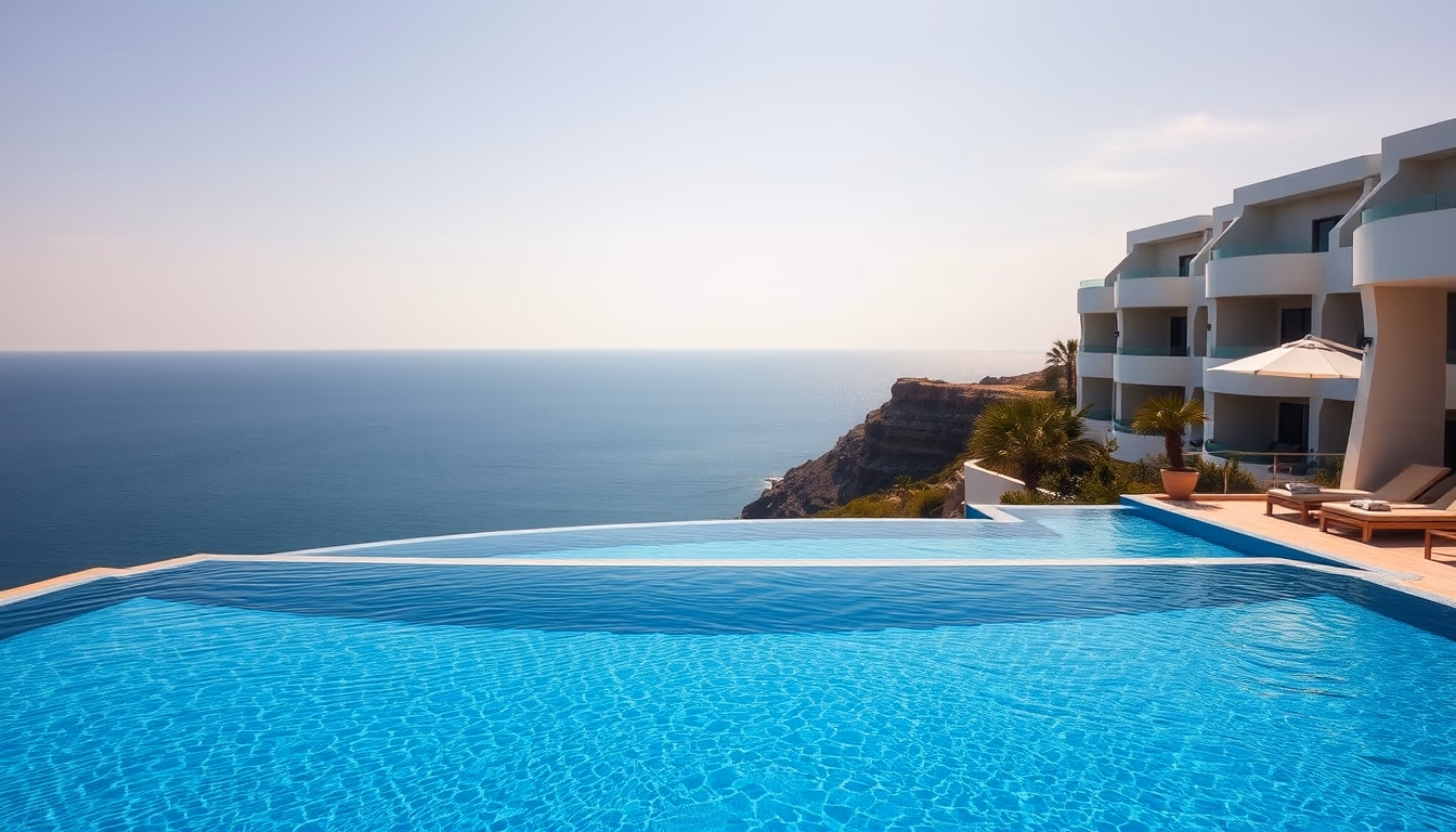 luxury hotel pool infinity edge with ocean view in editorial style