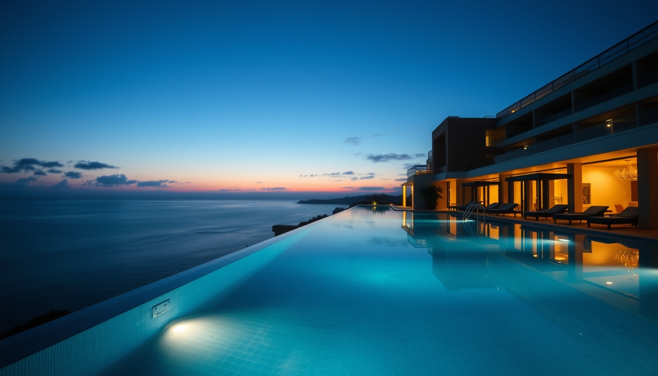 Piscina de hotel de luxo borda infinita com vista do oceano em estilo editorial