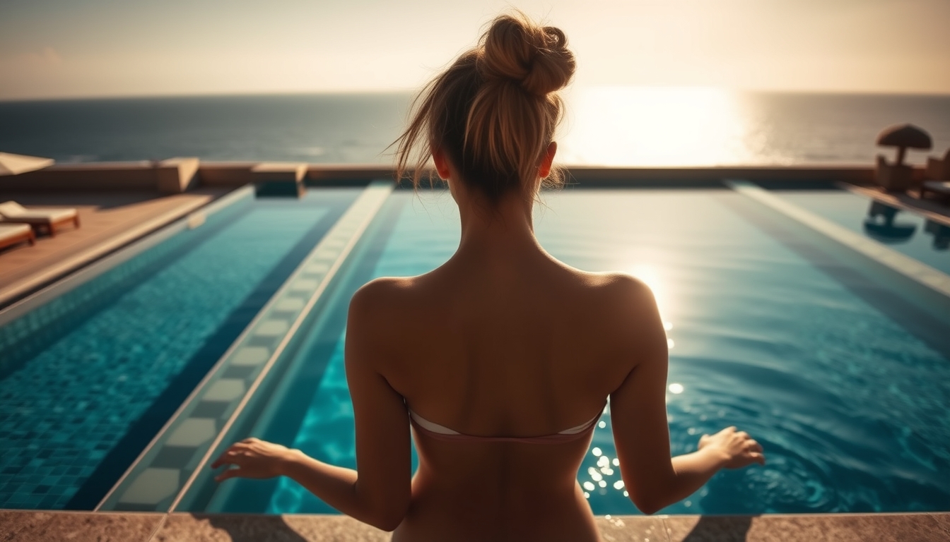 Piscina de hotel de luxo borda infinita com vista do oceano em estilo editorial