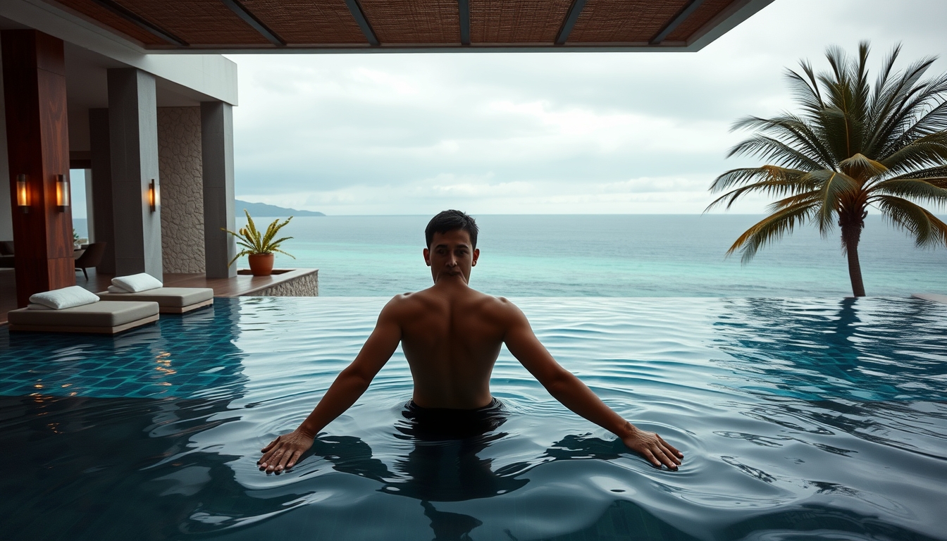 Piscina de hotel de luxo borda infinita com vista do oceano em estilo editorial