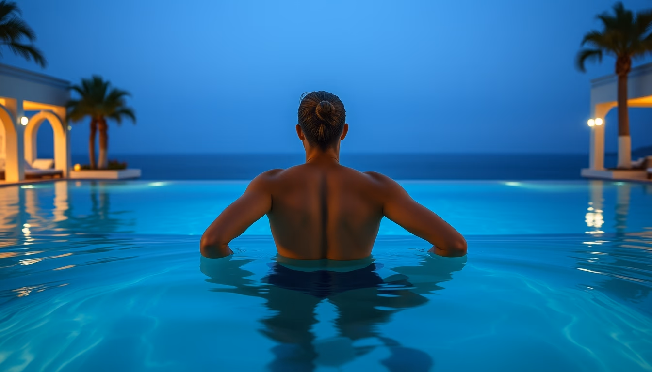 luxury hotel pool infinity edge with ocean view in editorial style