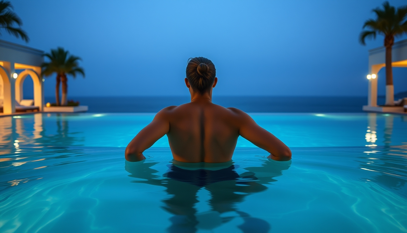 Piscina de hotel de luxo borda infinita com vista do oceano em estilo editorial