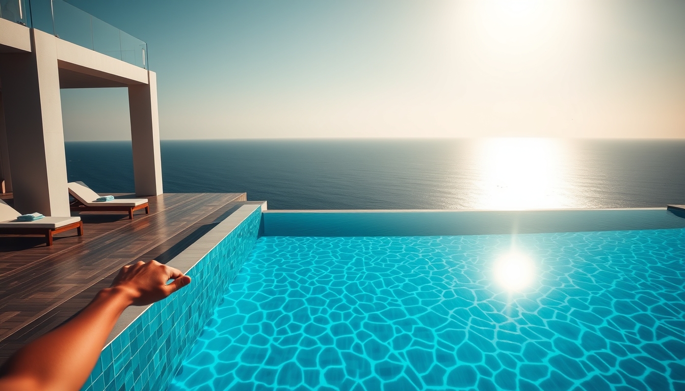 Piscina de hotel de luxo borda infinita com vista do oceano em estilo editorial