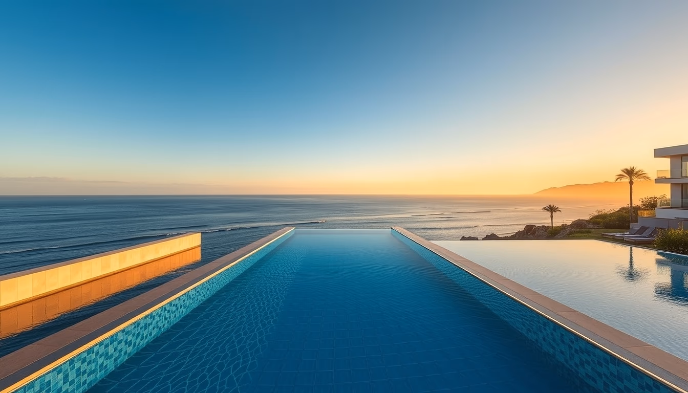 luxury hotel pool infinity edge with ocean view in editorial style