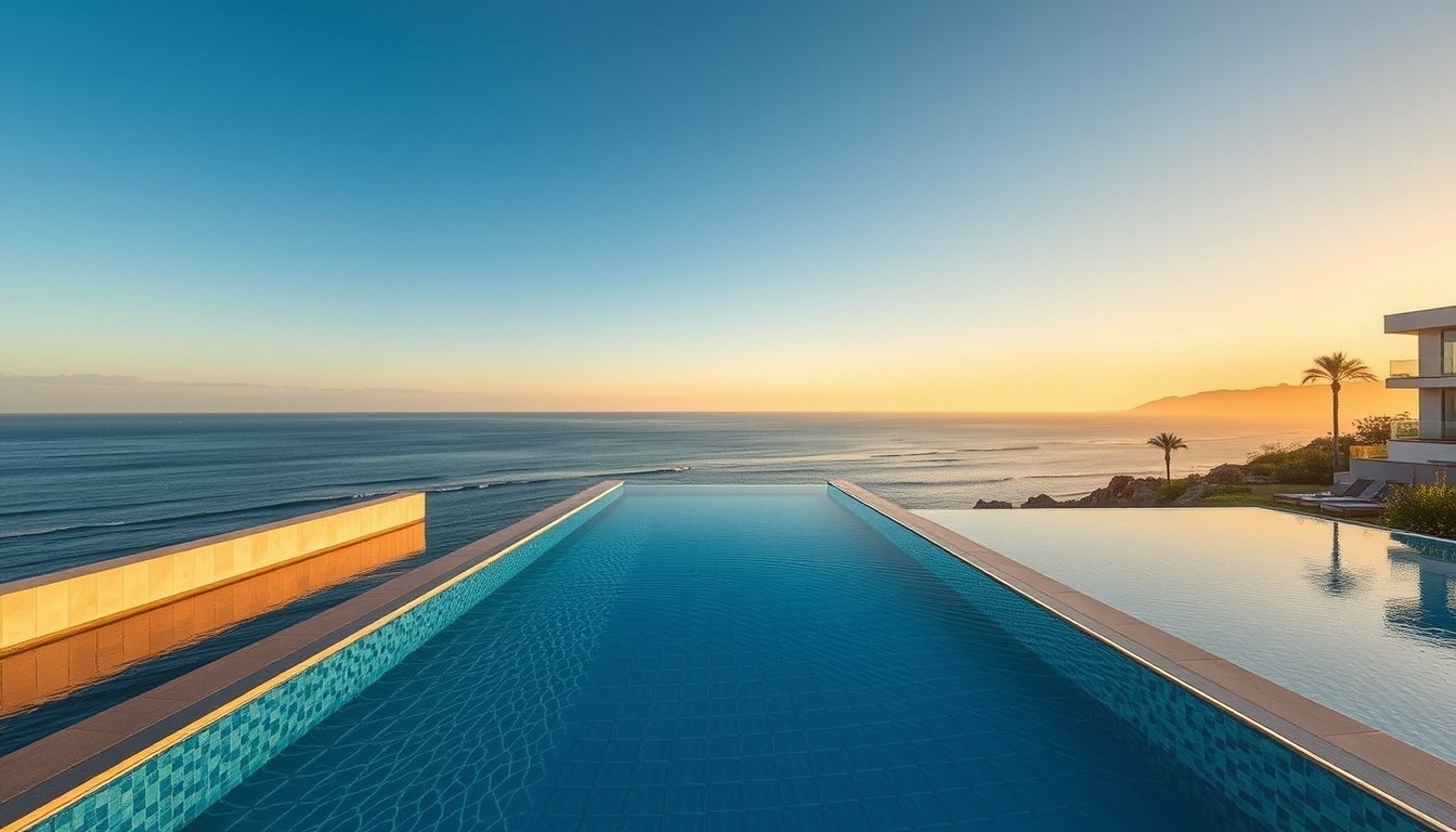 Piscina de hotel de luxo borda infinita com vista do oceano em estilo editorial