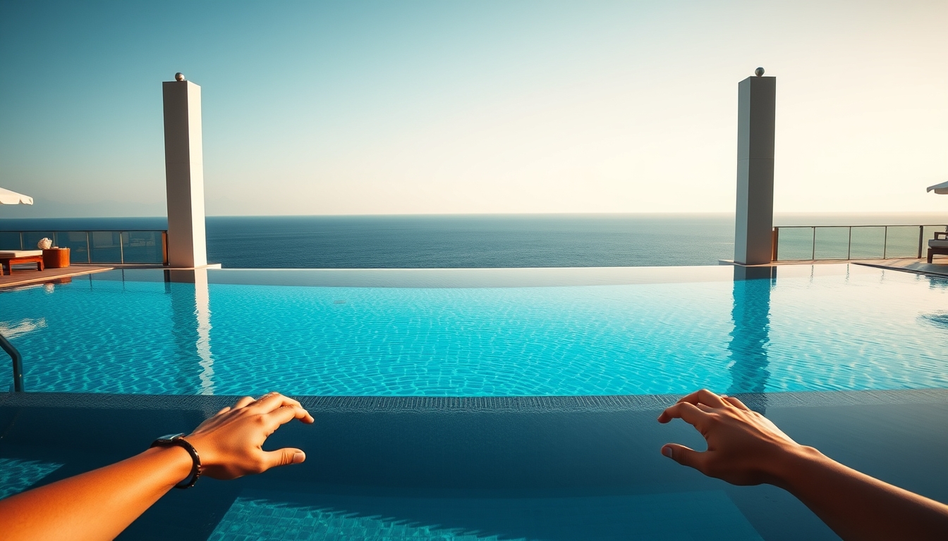 Piscina de hotel de luxo borda infinita com vista do oceano em estilo editorial