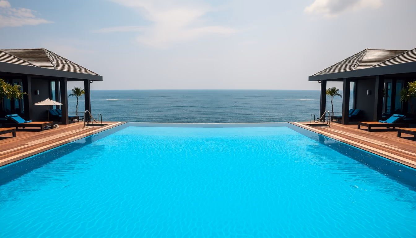 luxury hotel pool infinity edge with ocean view in editorial style
