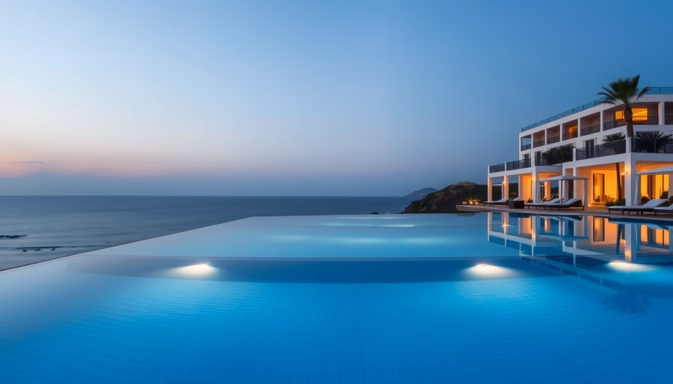 luxury hotel pool infinity edge with ocean view in editorial style