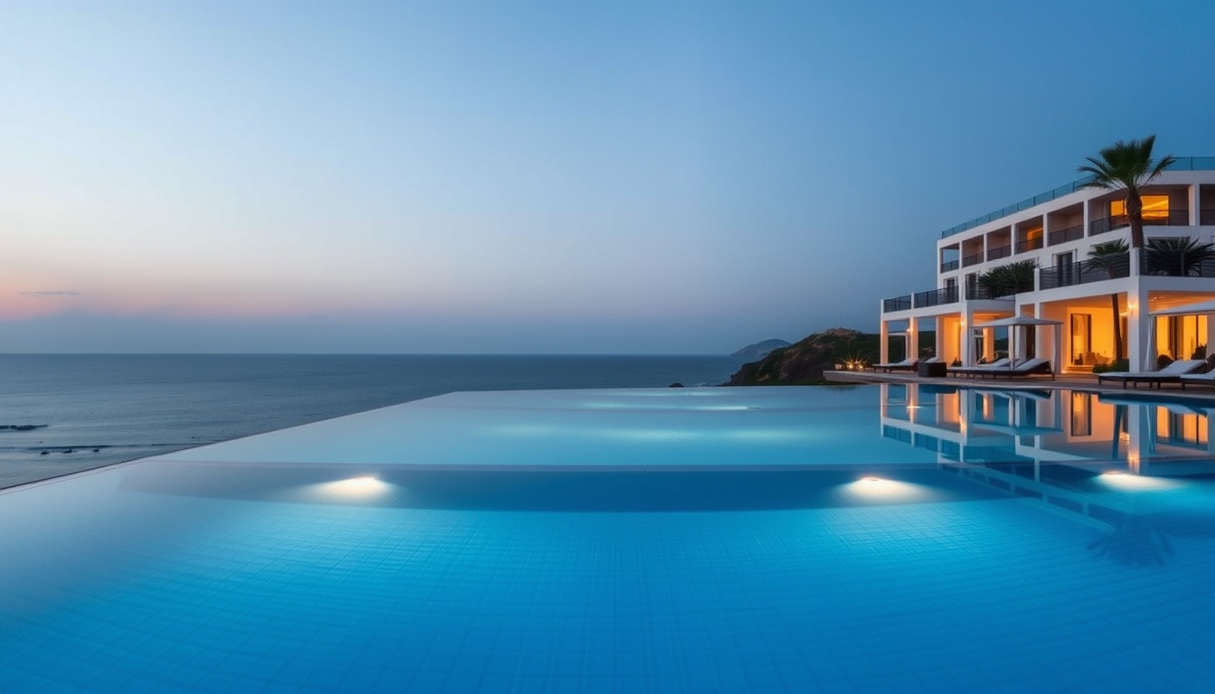Piscina de hotel de luxo borda infinita com vista do oceano em estilo editorial