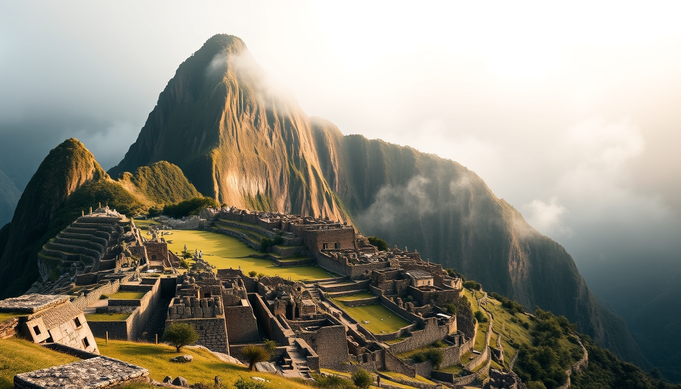 machu picchu ruins morning mist in editorial style