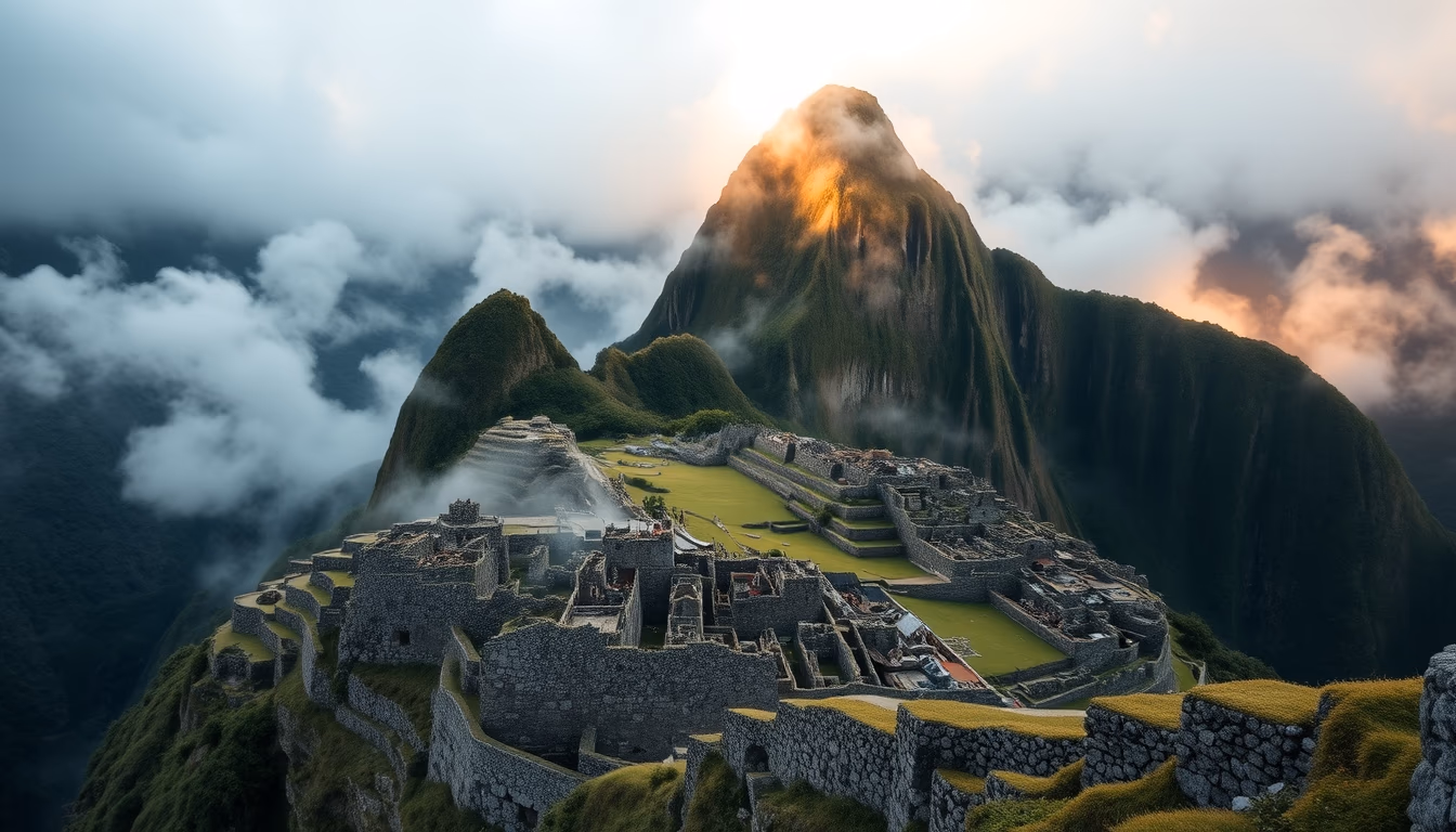 Machu picchu ruins morning mist em estilo editorial