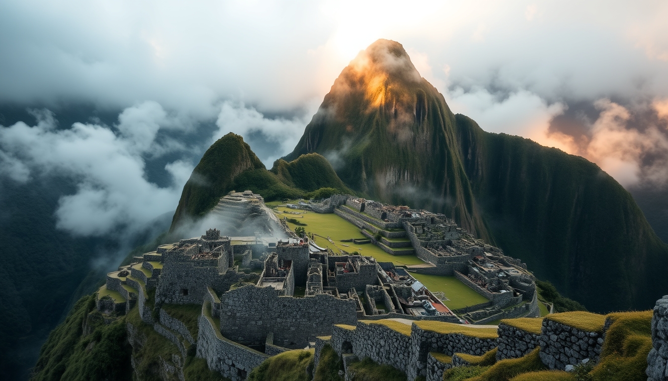 machu picchu ruins morning mist in editorial style
