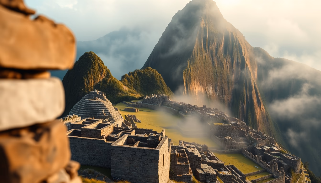 machu picchu ruins morning mist in editorial style
