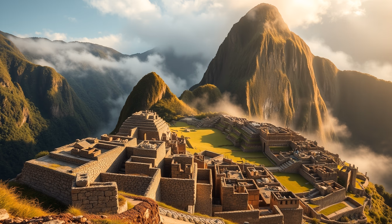 machu picchu ruins morning mist in editorial style