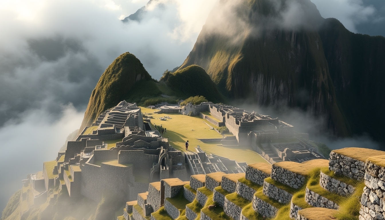 machu picchu ruins morning mist in editorial style