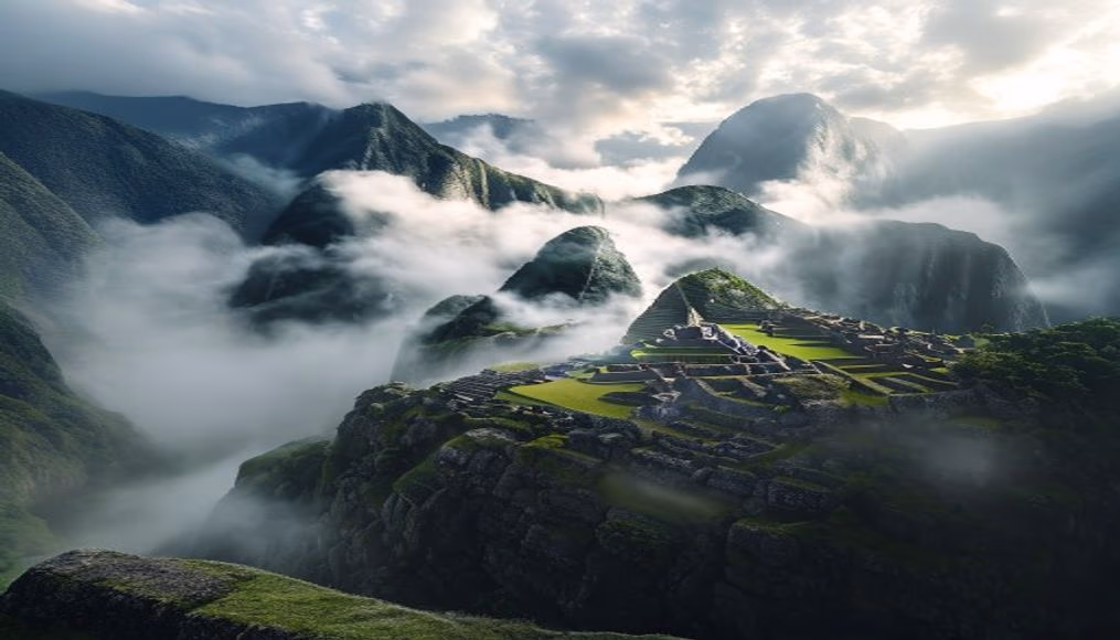 machu picchu ruins morning mist in editorial style