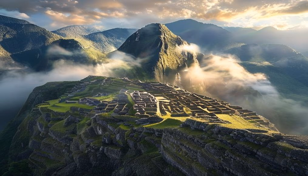 machu picchu ruins morning mist in editorial style