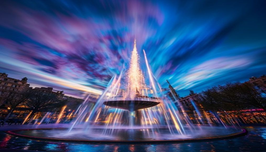 magic fountain barcelona in editorial style