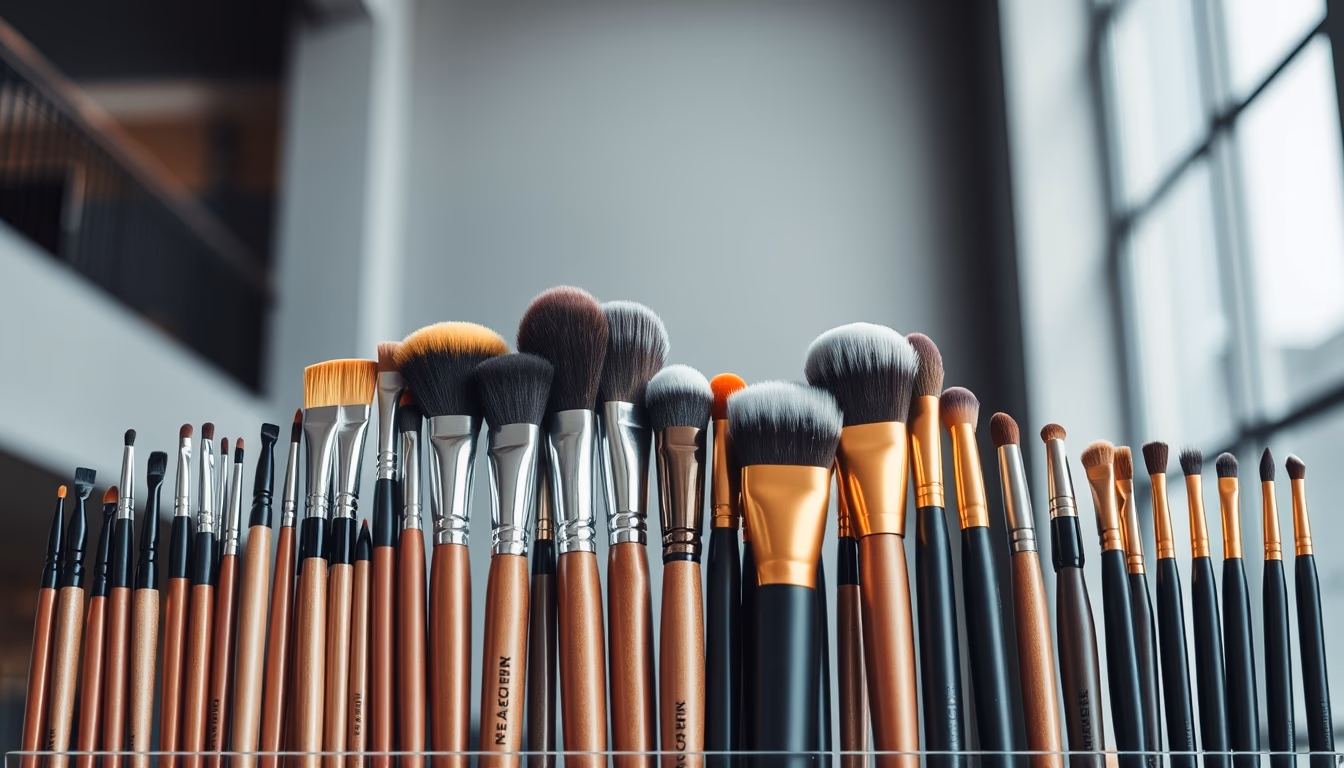 makeup brushes set arranged in editorial style