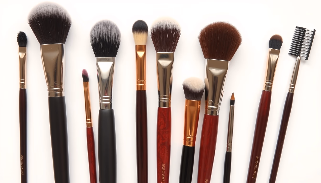 makeup brushes set arranged in editorial style