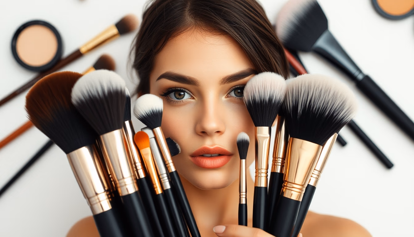 makeup brushes set arranged in editorial style