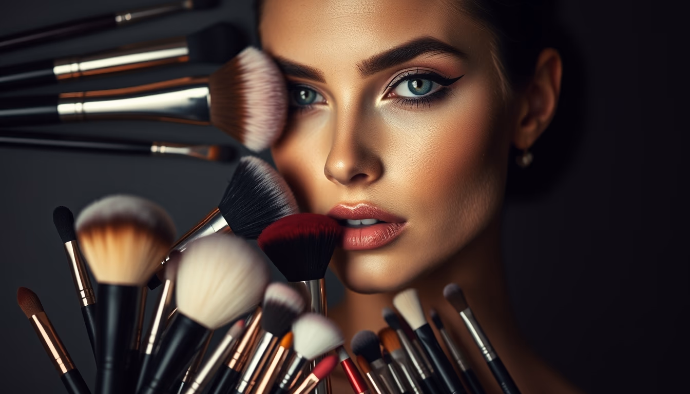 makeup brushes set arranged in editorial style