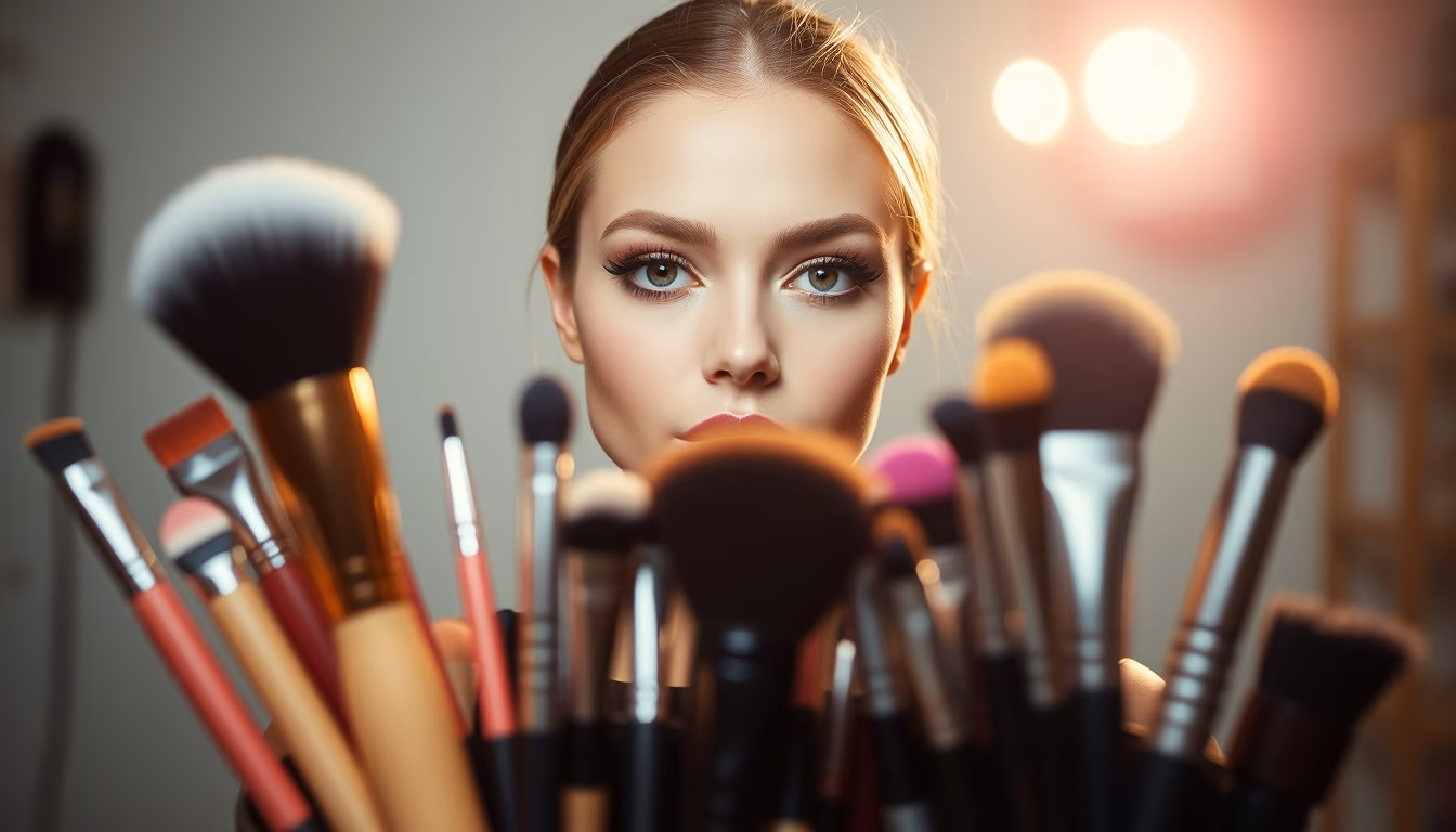 makeup brushes set arranged in editorial style