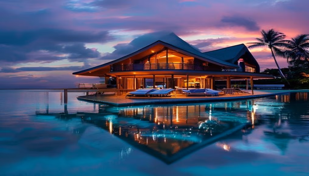 Maldives overwater bungalow em fotografia editorial de luxo