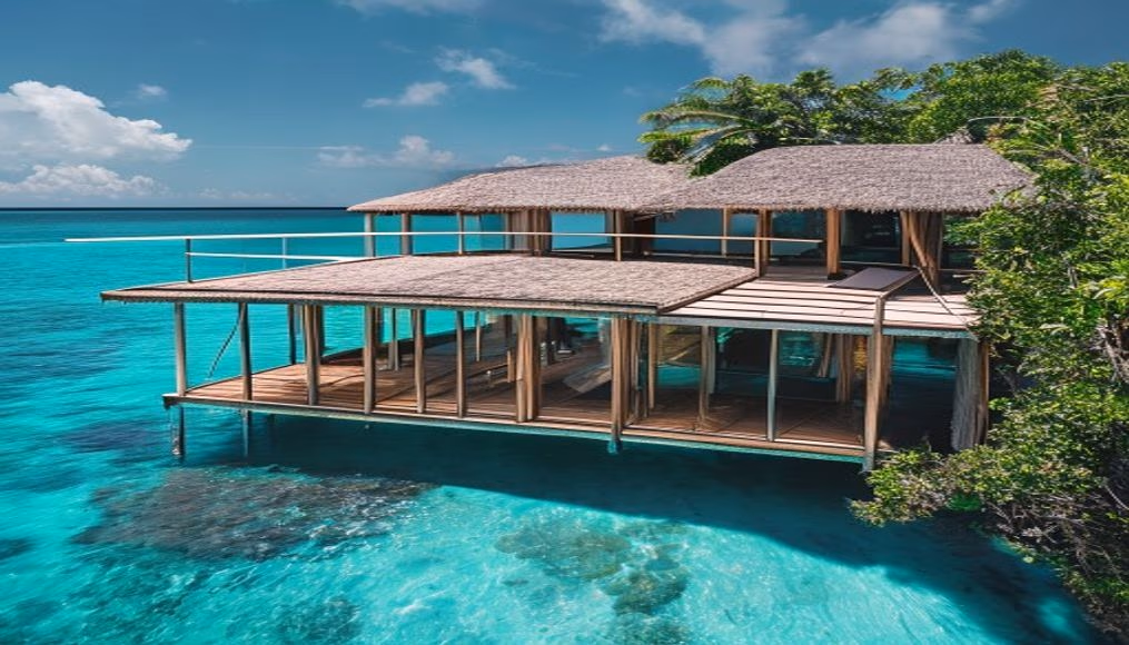 Maldives overwater bungalow em fotografia editorial de luxo