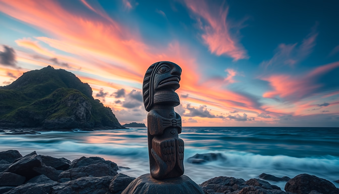 maori carving pacific in editorial style