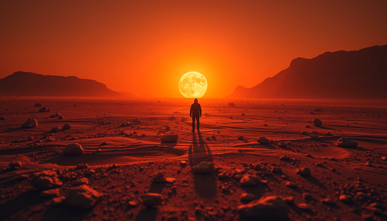 mars surface red dust in editorial style