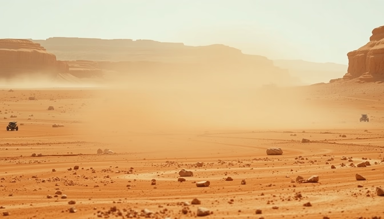 mars surface red dust in editorial style