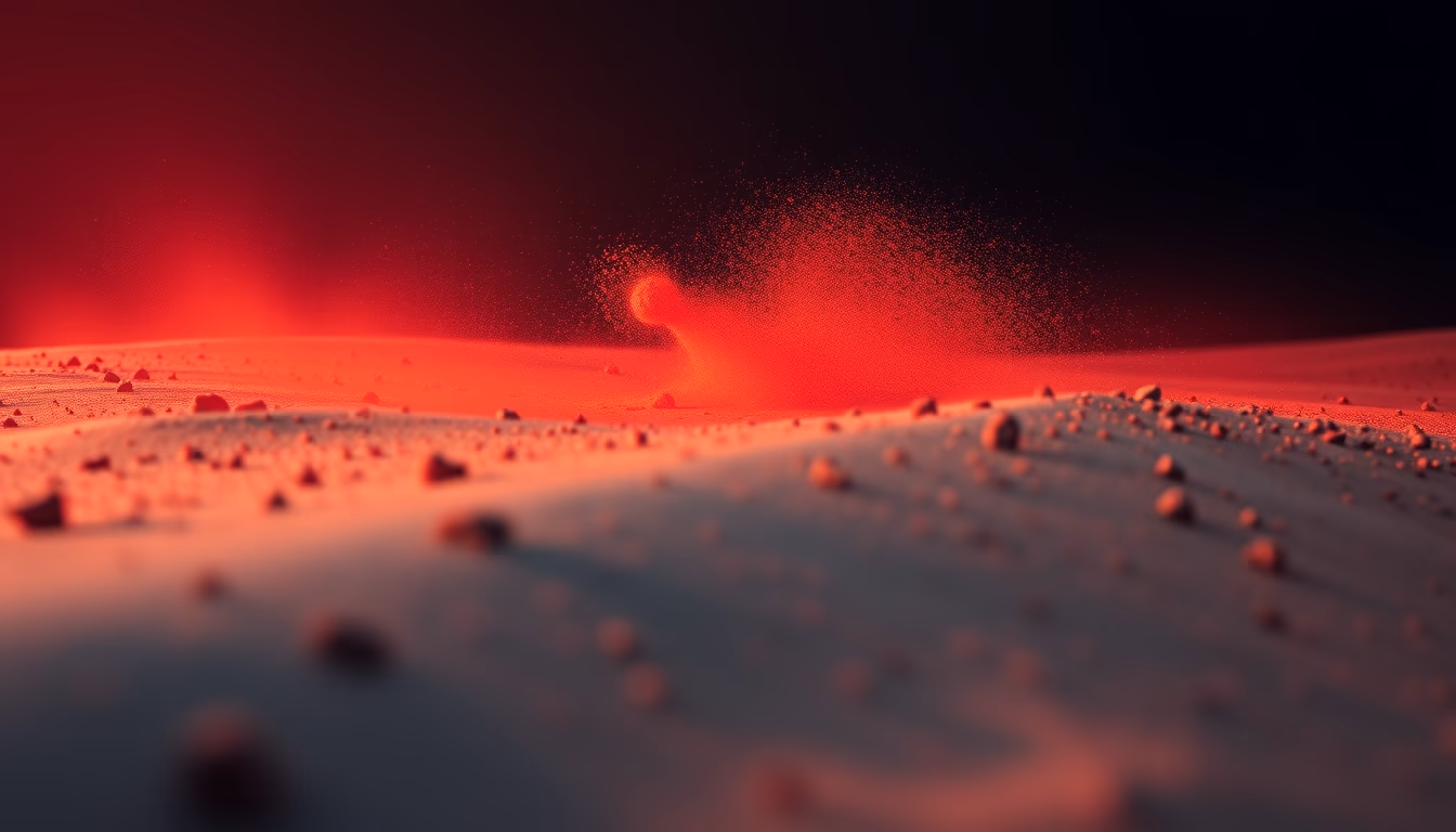 mars surface red dust in editorial style