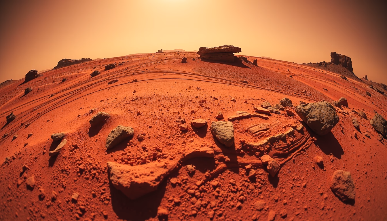 mars surface red dust in editorial style