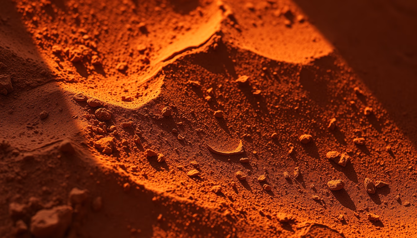 mars surface red dust in editorial style