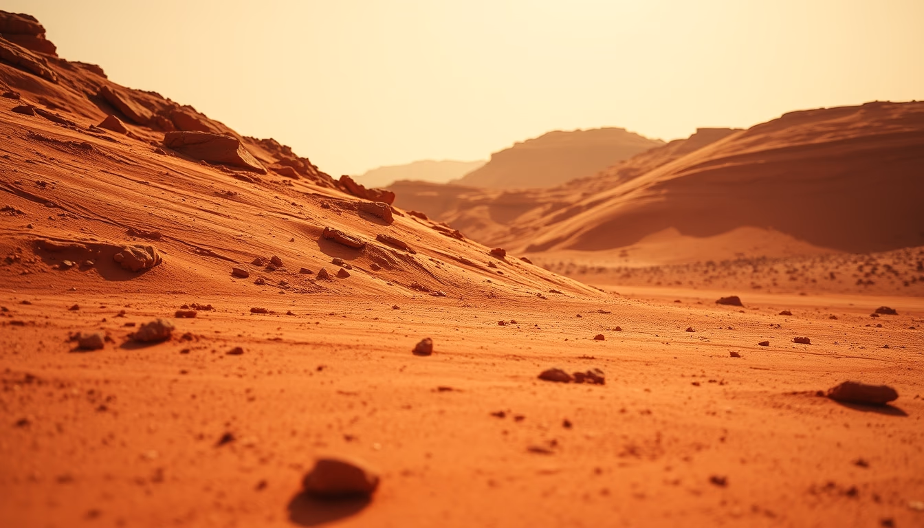 mars surface red dust in editorial style