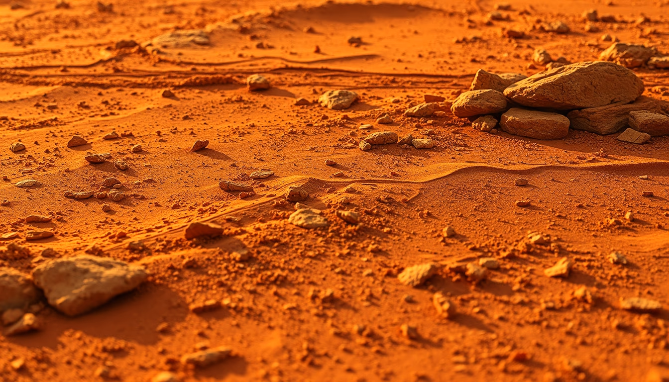 mars surface red dust in editorial style