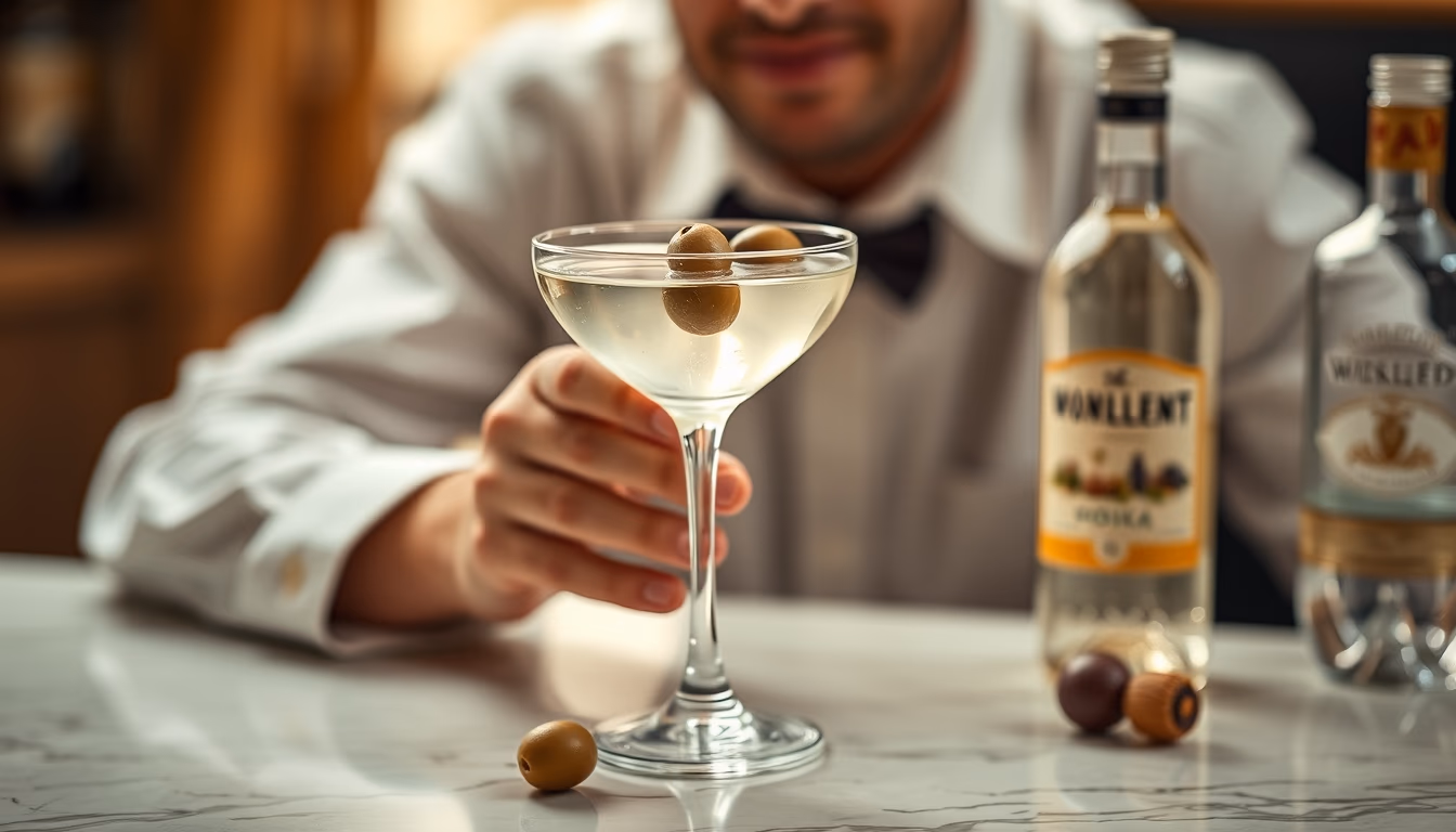 martini olive vodka in editorial style