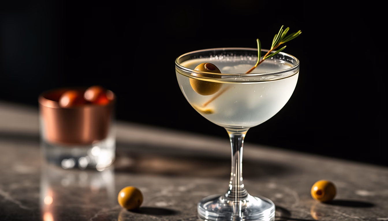 martini olive vodka in editorial style