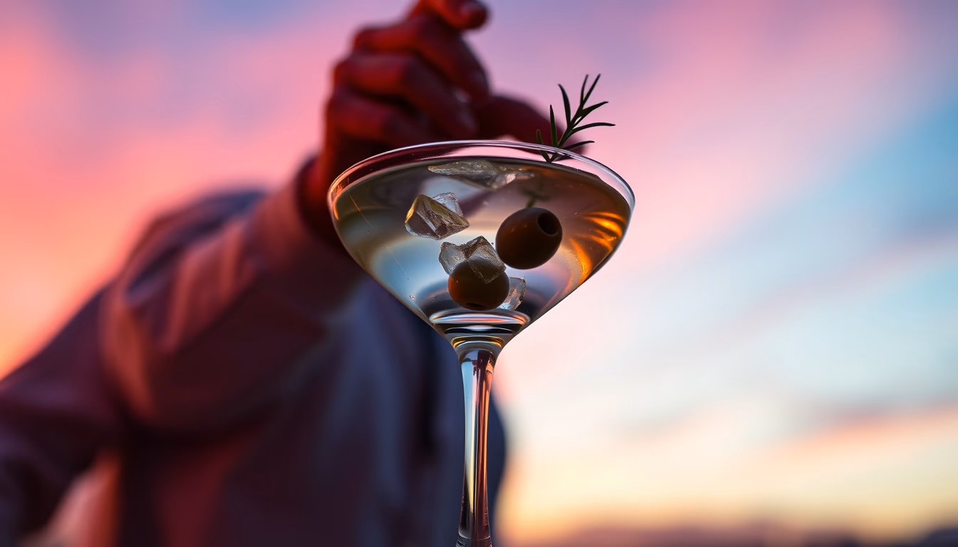martini olive vodka in editorial style