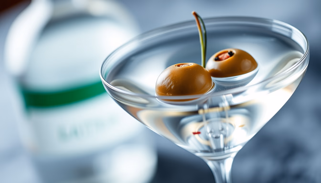 martini olive vodka in editorial style