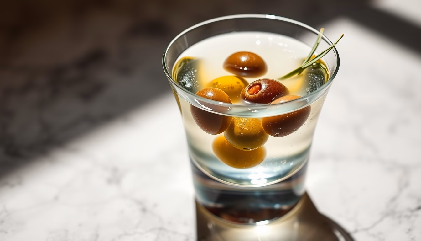martini olive vodka in editorial style