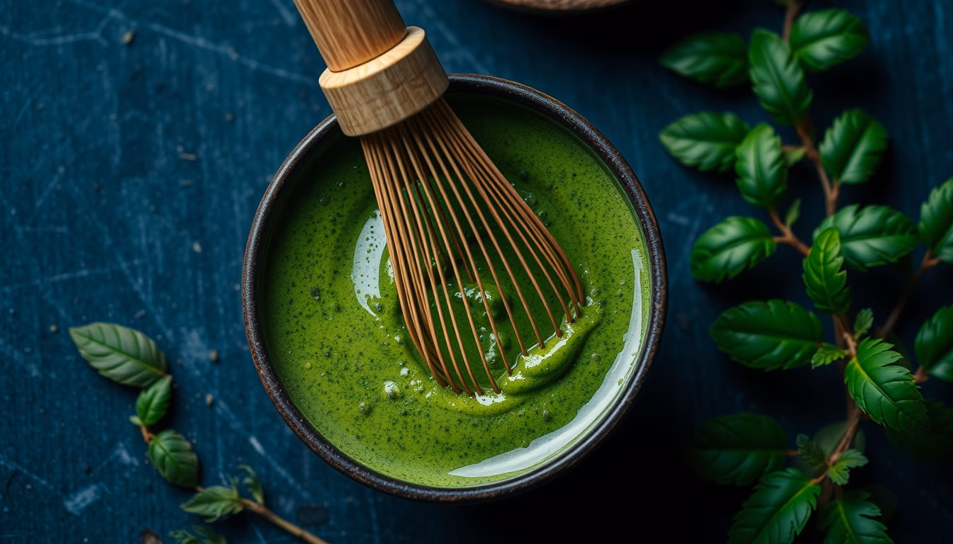 matcha bowl whisk green in editorial style