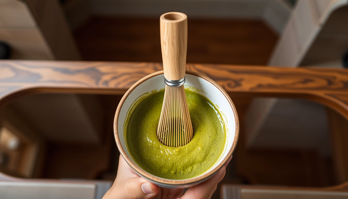 matcha bowl whisk green in editorial style