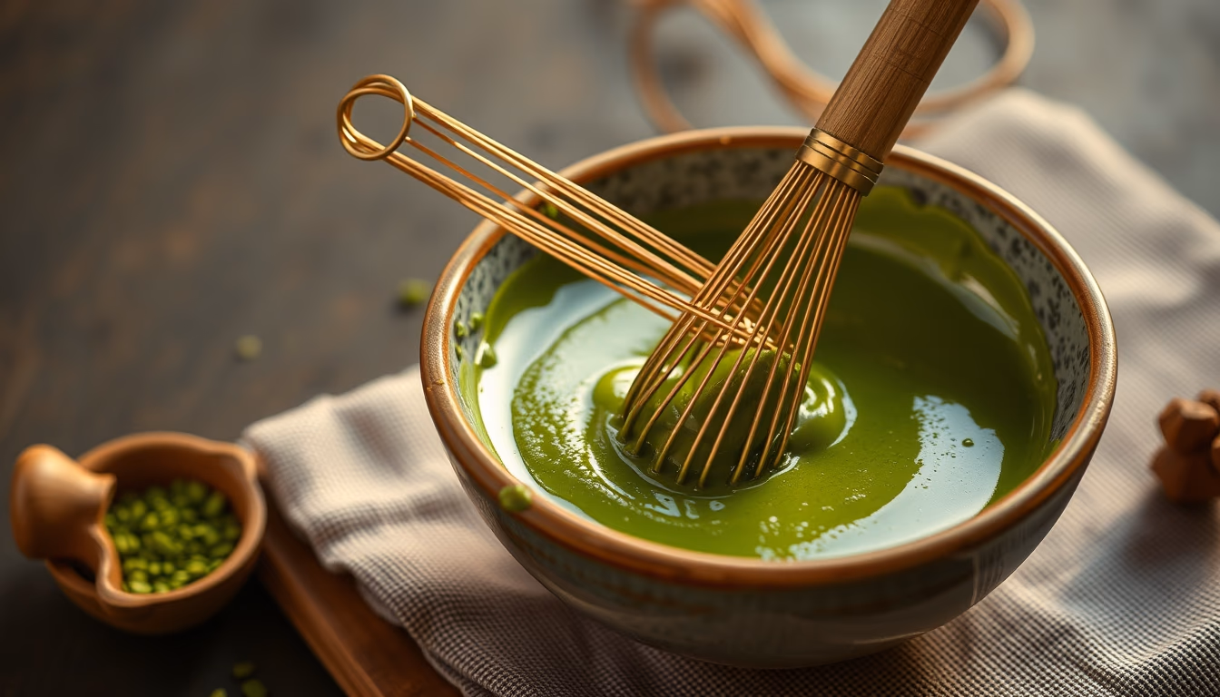 matcha bowl whisk green in editorial style