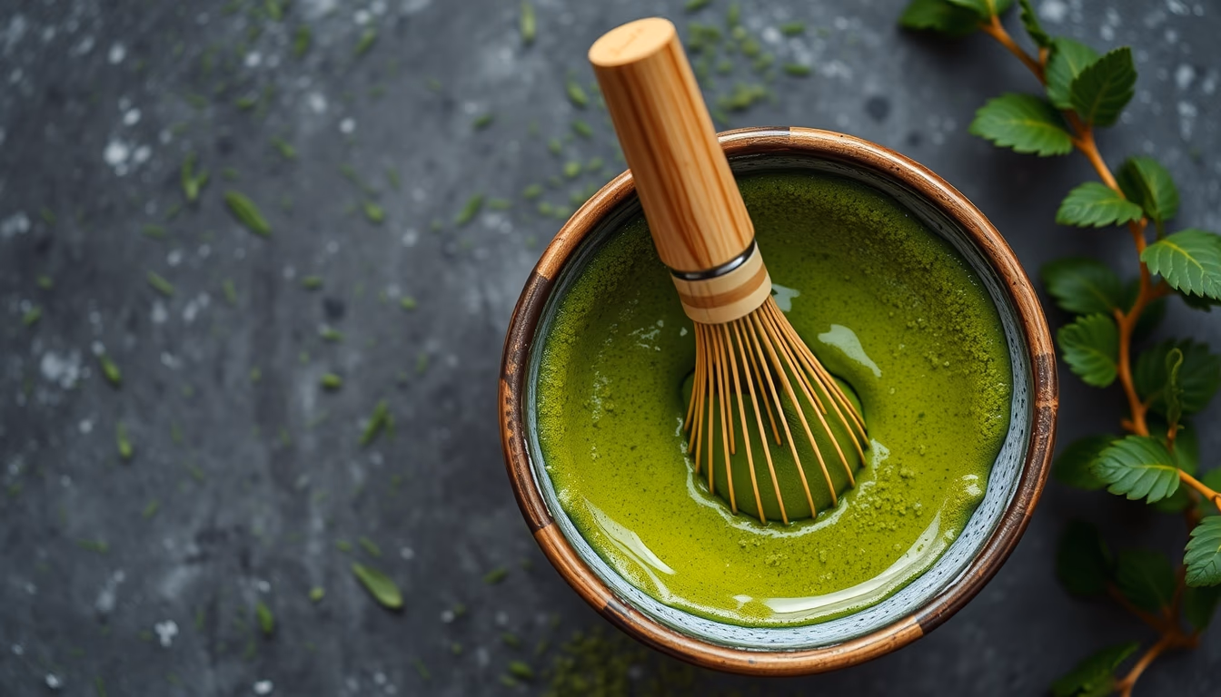 matcha bowl whisk green in editorial style